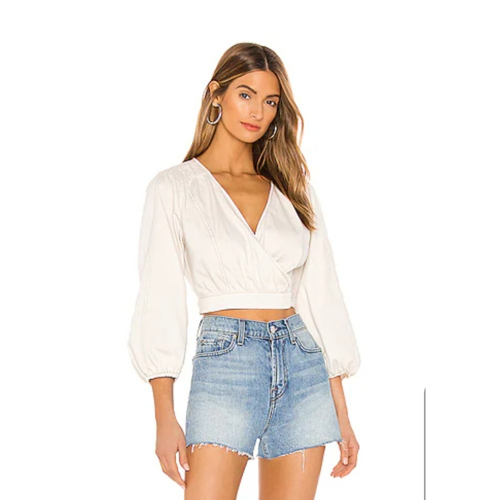 Free People Sophie Cream Denim Balloon Sleeve Wrap Crop Top‎ XS